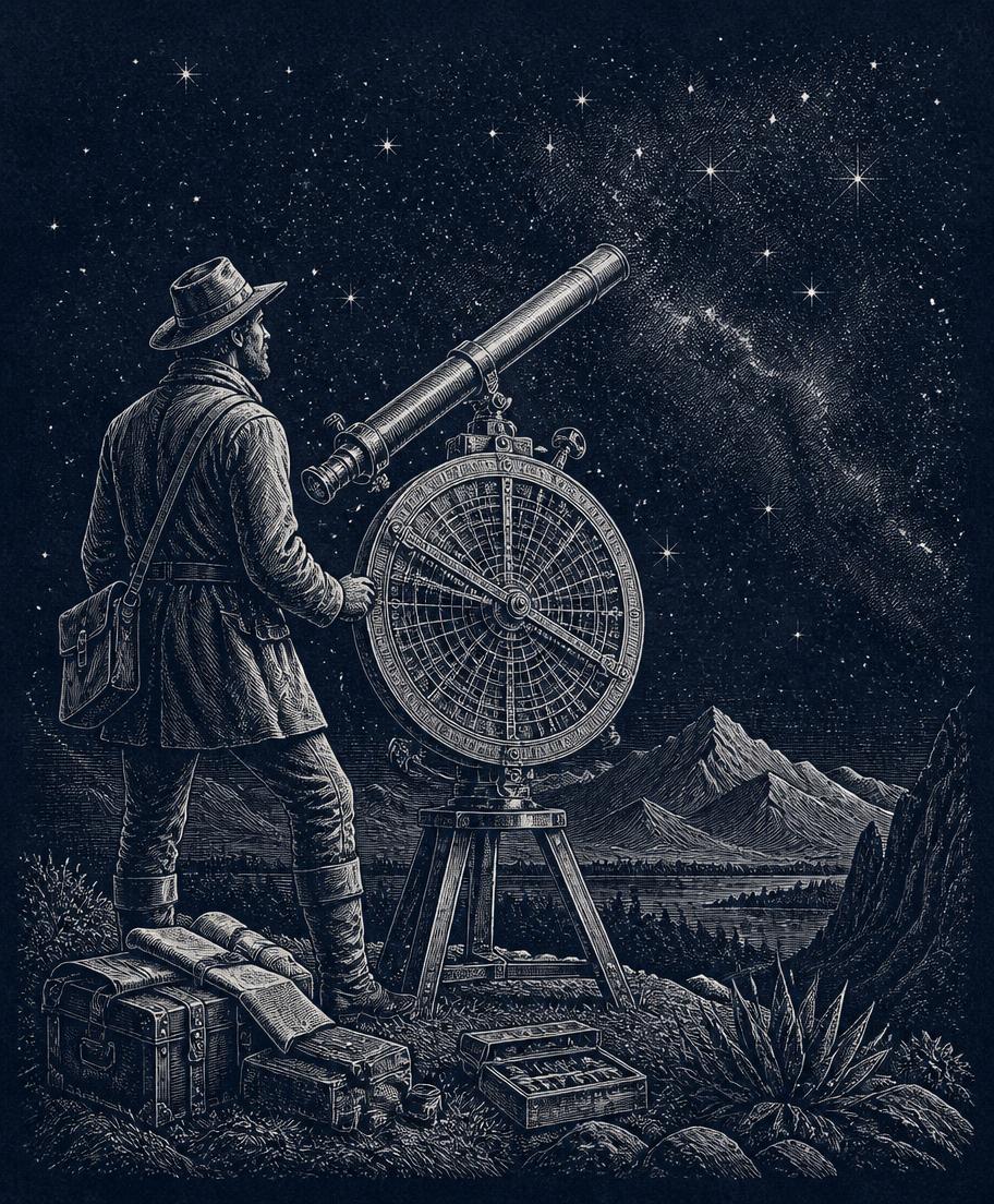 Engraving of an explorer charting the night sky with a telescope and astrolabe